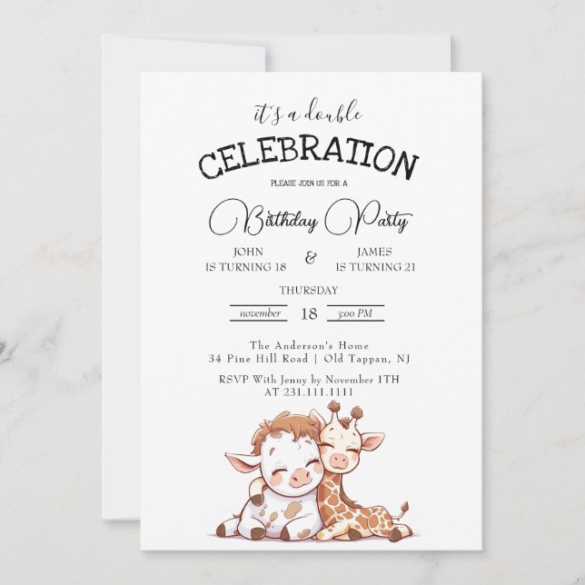 Invitation Cute Baby Cow and Giraffe Double Anniversaire (Devant)
