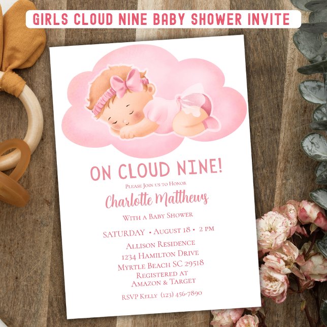 Invitation Cute Baby Girl Cloud Neuf 9 Baby showers (Créateur téléchargé)
