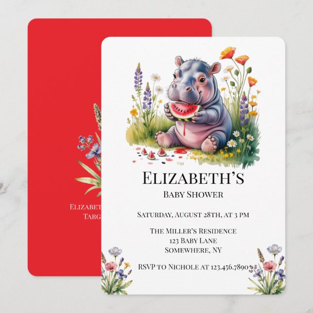 Invitation Cute Baby Hippopotamus Watermelon Baby Shower  (Devant / Derrière)