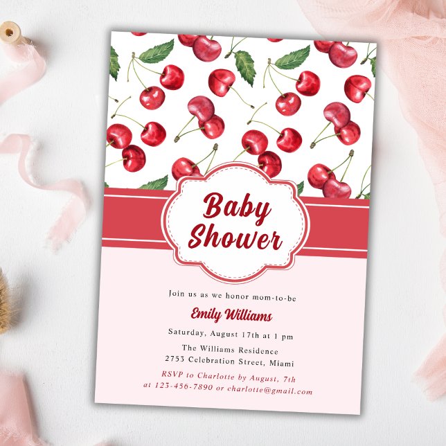Invitation Cute Baby shower Aquarelle rouge cerise (Créateur téléchargé)