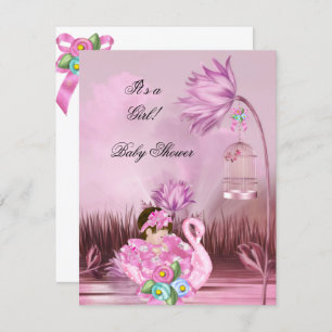 Invitation Cute Baby shower fille bébé Hot rose cygne magique