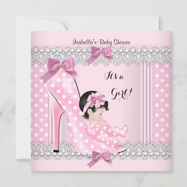 Invitation Cute Baby shower fille rose Pois haut talon 2 (Devant)