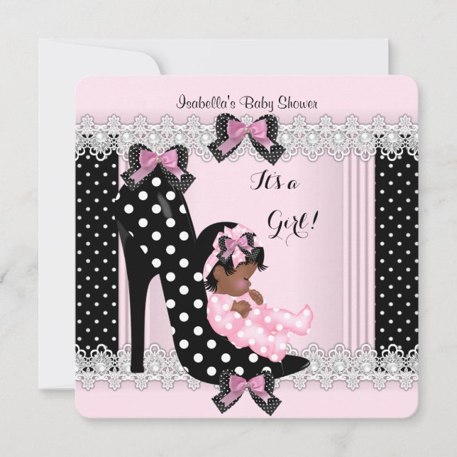 Invitation Cute Baby shower fille rose Pois haut talon 7 (Devant)