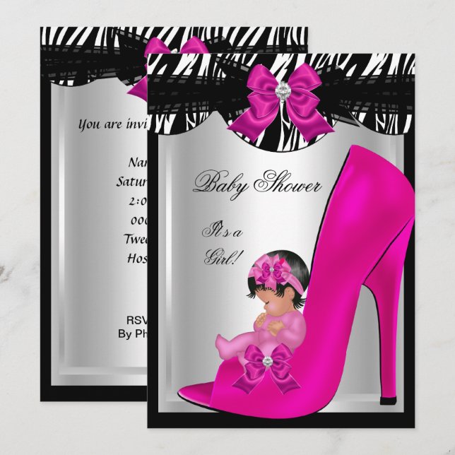 Invitation Cute Baby shower fille Zebra Hot rose Baby Chaussu (Devant / Derrière)