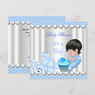 Invitation Cute Baby shower Garçon cupcake bleu Spots