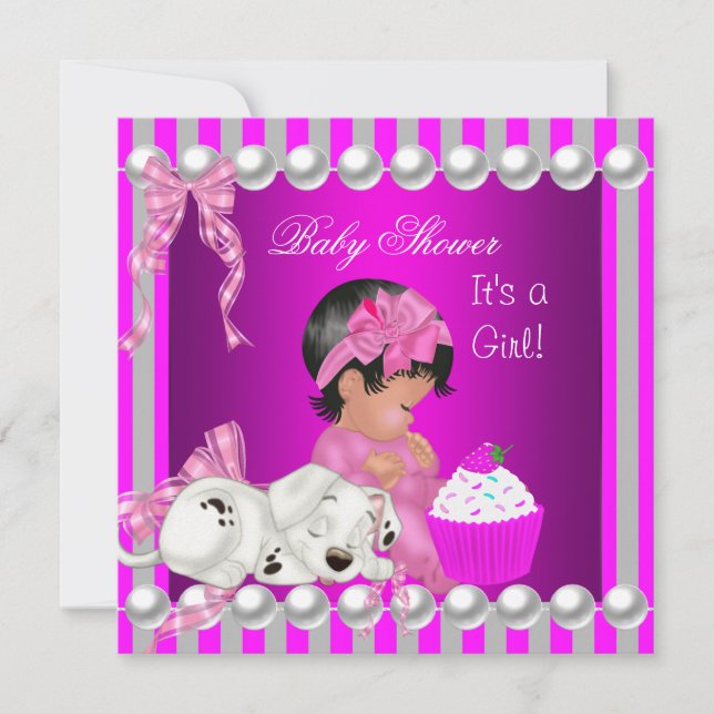 Invitation Cute Baby shower Girl Rose Stripe cupcake (Devant)