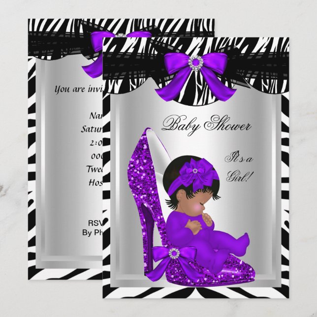 Invitation Cute Baby shower Girl Zebra Purple Baby Chaussure  (Devant / Derrière)