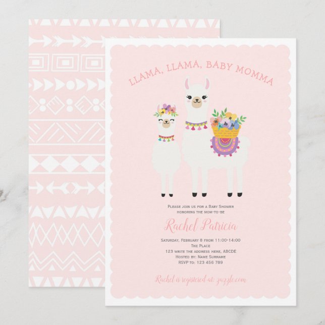 Invitation Cute, baby shower Llama (Devant / Derrière)