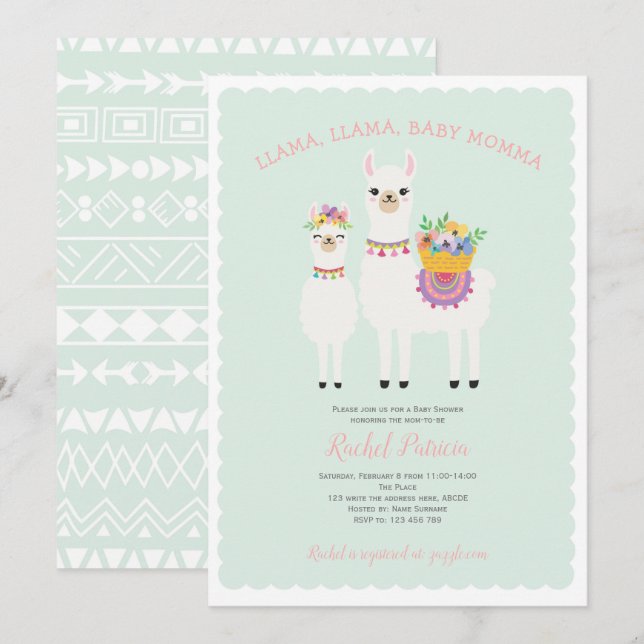 Invitation Cute, baby shower Llama (Devant / Derrière)