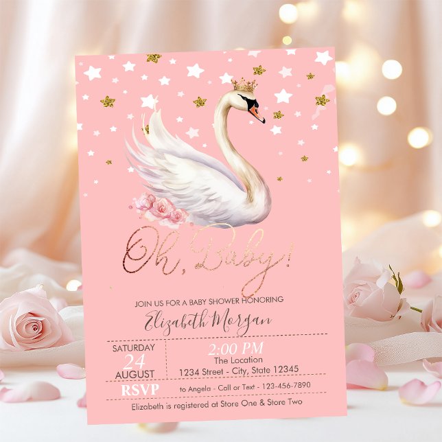Invitation Cute Baby Swan Couronne Étoiles Fleurs Baby shower (Créateur téléchargé)