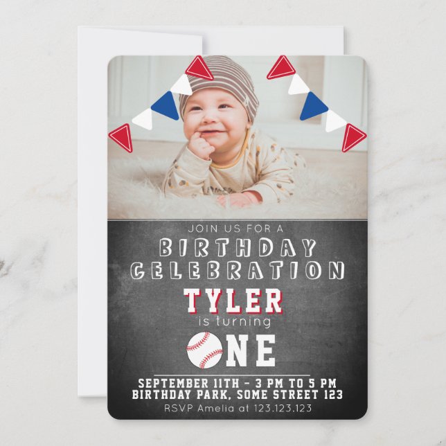 Invitation Cute Baseball Chalkboard Enfants Photo 1er anniver (Devant)