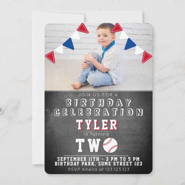 Invitation Cute Baseball Chalkboard Enfants Photo 2e annivers (Devant)