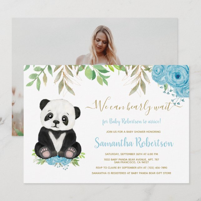 Invitation Cute Bear Aquarelle Bleu Floral Baby shower Photo (Devant / Derrière)