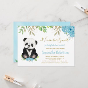 Invitation Cute Bear Aquarelle Bleu verdure Baby shower garço