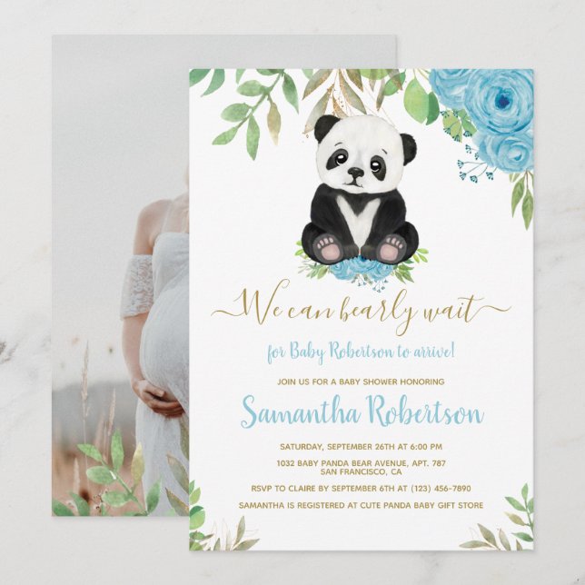 Invitation Cute Bear Blue Floral Aquarelle Baby shower photo (Devant / Derrière)