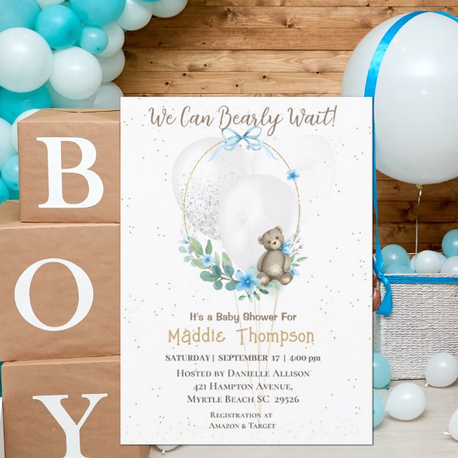 Invitation Cute Bear Blue Floral Wreath Boys Baby shower Inv (Créateur téléchargé)