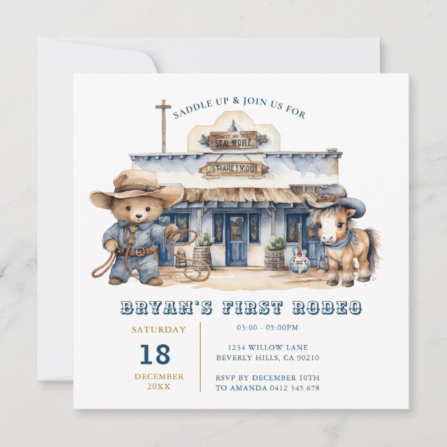Invitation Cute Bear Boy My 1er Rodeo Wild West Anniversaire (Devant)