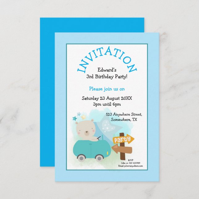 Invitation Cute Bear Car Boy 3e anniversaire Party Blue (Devant / Derrière)
