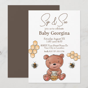 Invitation Cute Bear Cub and Honey Bees Baby Sip and See