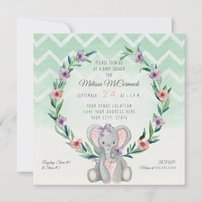 Invitation Cute bébé Eléphant Wreath Floral Chevron Motif (Devant)