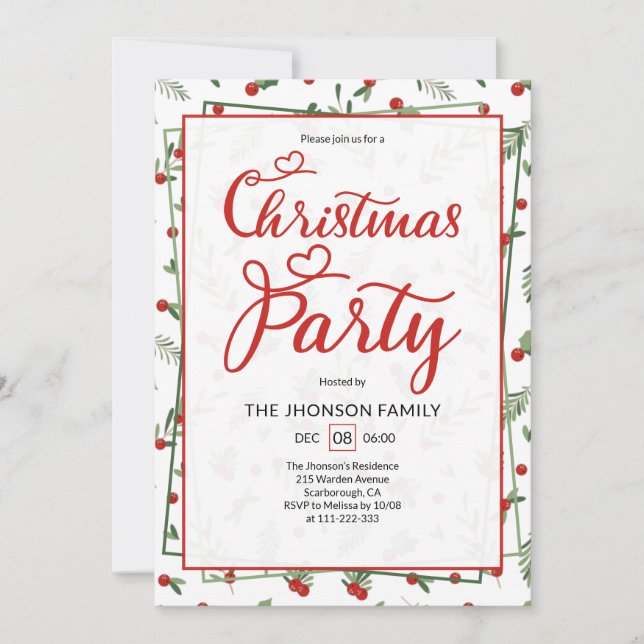 Invitation Cute Berry Pattern Calligraphy Christmas Party  (Devant)