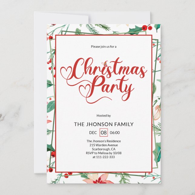 Invitation Cute Berry Pattern Calligraphy Christmas Party (Devant)