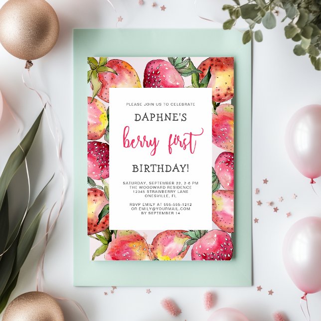 Invitation Cute Berry Premier anniversaire Fête des fraises (Créateur téléchargé)