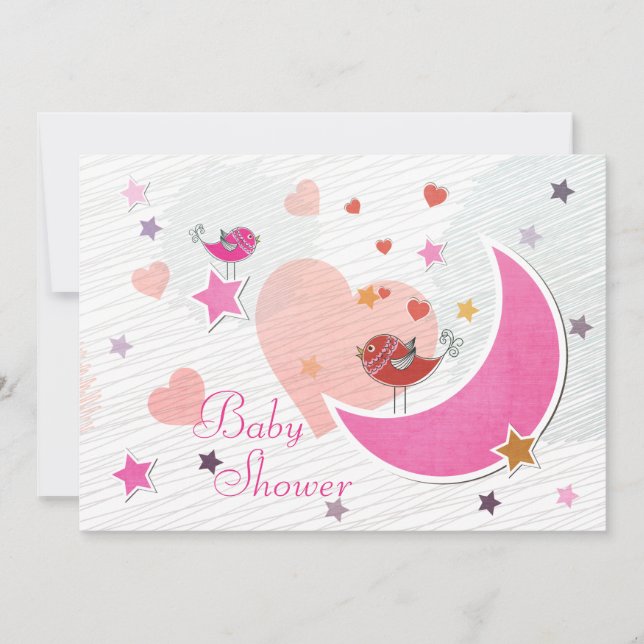 Invitation Cute Birds Moon et Stars Girl Baby shower (Devant)