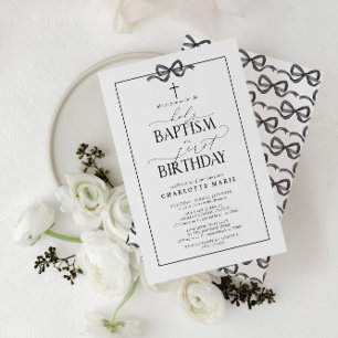 Invitation Cute Black Bow Girl Baptême Saint et 1er anniversa