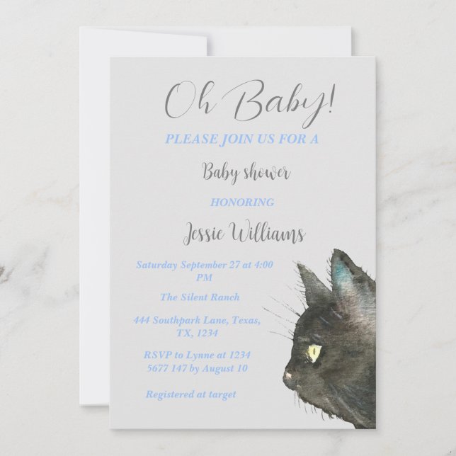 Invitation Cute Black Cat Kitty Kitten Blue Baby boy shower (Devant)