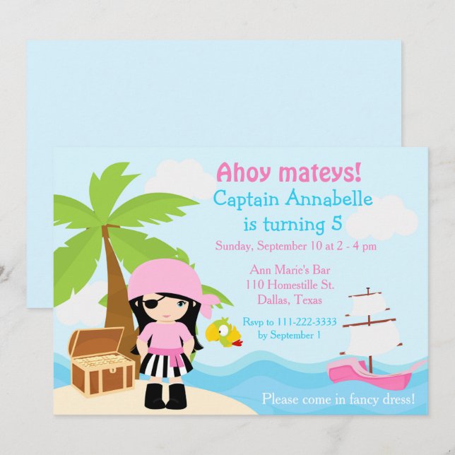 Invitation Cute Black Cheveux Pirate Girl Anniversaire Fête (Devant / Derrière)