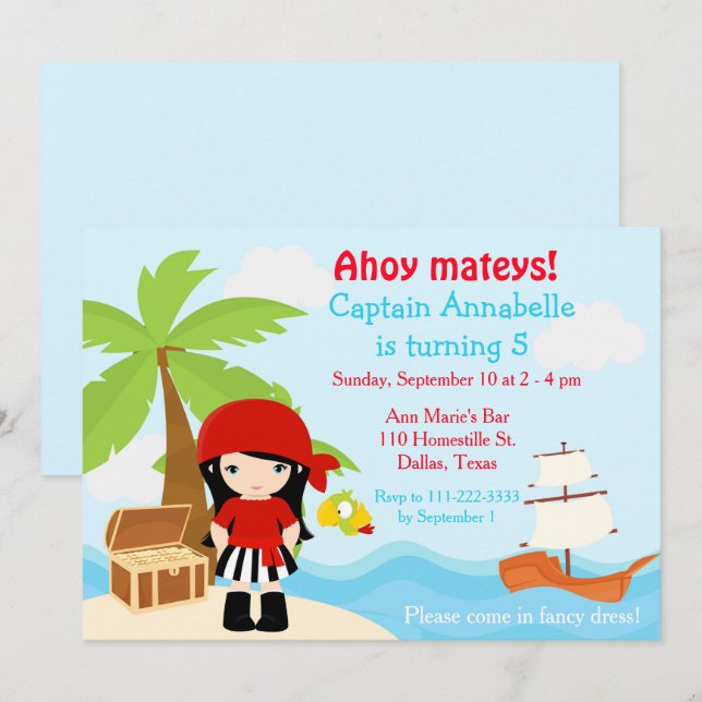 Invitation Cute Black Cheveux Pirate Girl Anniversaire Fête (Devant / Derrière)