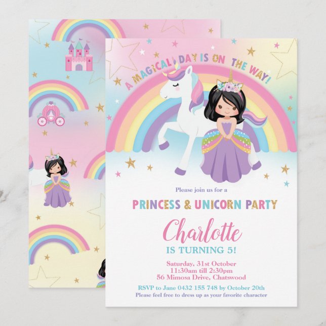 Invitation Cute Black Hair Princess Unicorn Rainbow Anniversa (Devant / Derrière)