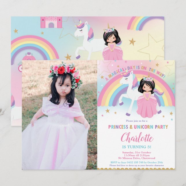 Invitation Cute Black Hair Princess Unicorn Rainbow Anniversa (Devant / Derrière)
