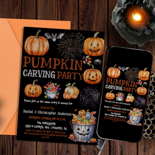Invitation Cute Black Halloween Citrouille Soirée de Carving  (Créateur téléchargé)