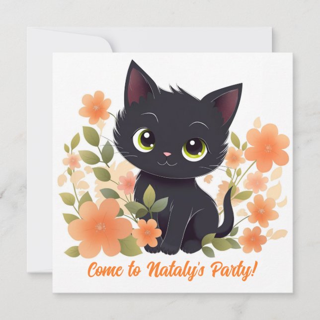 Invitation Cute Black Kitty Kawaii Chibi (Devant)