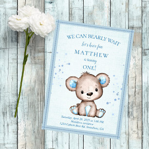 Invitation Cute Blanche Ours Brown Pour Garçon 1er Anniversai
