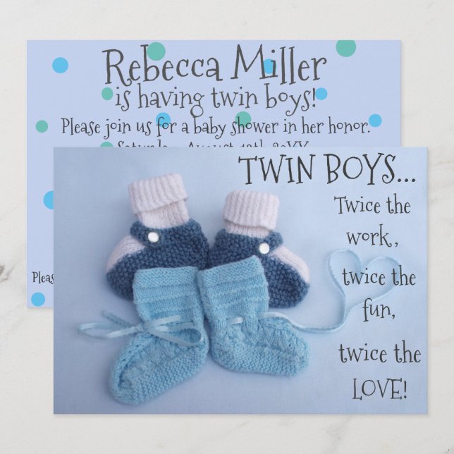 Invitation Cute bleu botties garçon jumeaux baby shower invit (Devant / Derrière)