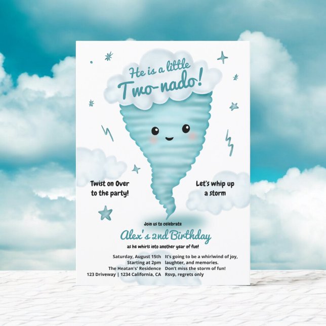 Invitation Cute bleue Tornado Thème 2ème anniversaire Fête En (Cute blue Tornado Themed 2nd Birthday Kids party Invitation)