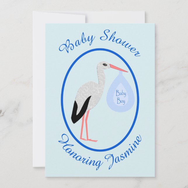 Invitation Cute Blue Baby Boy Baby shower Stork Personnalisé (Devant)