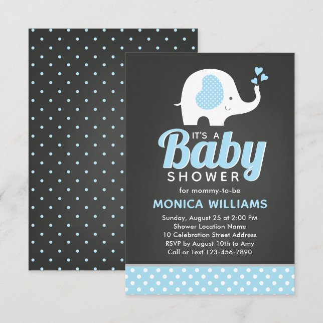 Invitation Cute Blue Black Chalkboard Elephant Baby shower (Devant / Derrière)