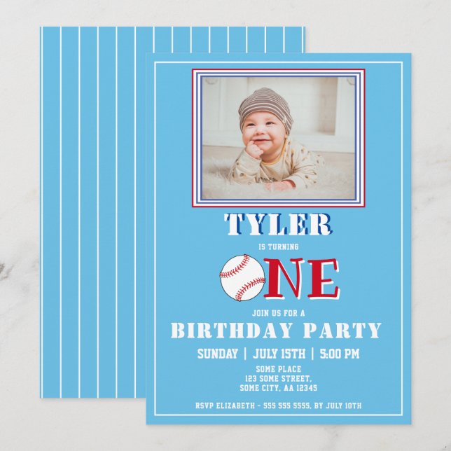 Invitation Cute Blue Boy Baseball Photo 1er anniversaire (Devant / Derrière)