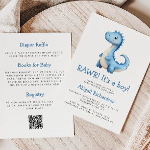 Invitation Cute Blue Dinosaur QR Code Boy Baby shower