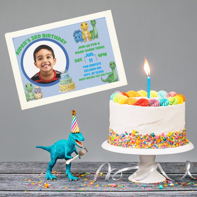 Invitation Cute Blue Dinosaur with Picture Birthday (Créateur téléchargé)