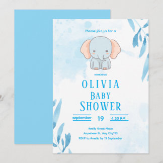 Invitation Cute Blue Elephant Baby Shower