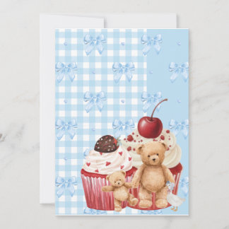 Invitation Cute Blue Gingham Teddy Bear & Ribbon