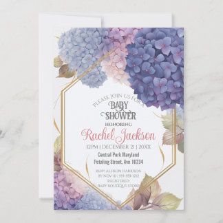 Invitation Cute Blue Hydrangea Blooms Baby shower Gold Frame