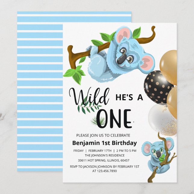 Invitation Cute Blue Koala Wild One Boy Première fête d'anniv (Devant / Derrière)