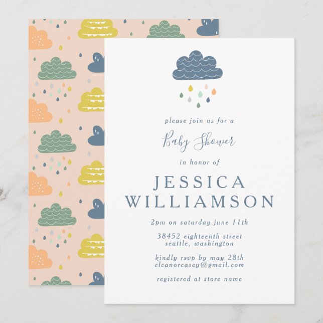 Invitation Cute Blue Peach Raindrops Baby shower garçon (Devant / Derrière)