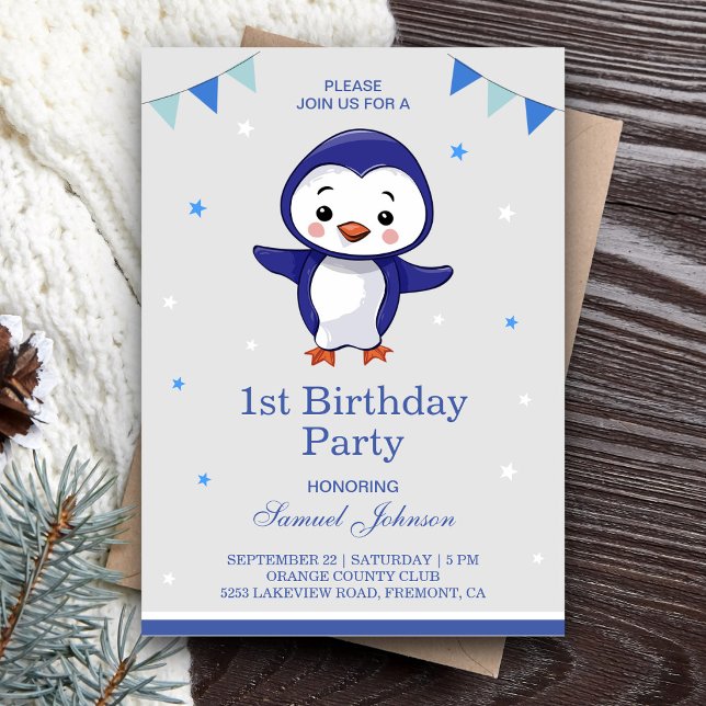 Invitation Cute Blue Penguin 1ère fête d'anniversaire (Créateur téléchargé)